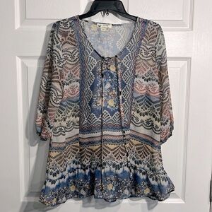 UNITY WORLD WEAR Women Size Small Multicolor Floral Scoop Neck 3/4 Sleeve Blouse